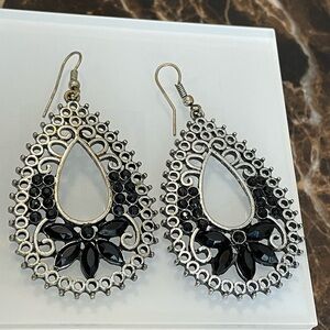 Black and Silver Toned Large Oval Earrings